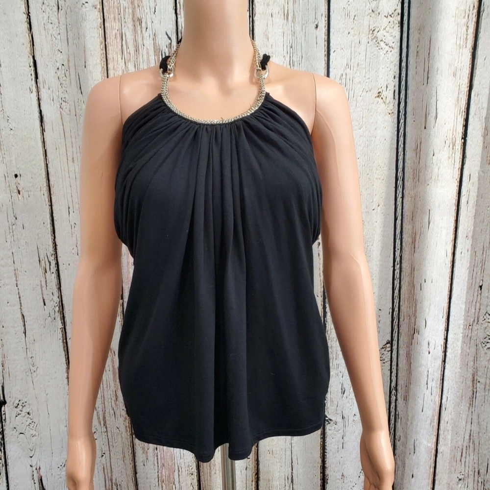 White House Black Market Women's XS Chain Halter Black‎ & Silver Blouse Top EUC